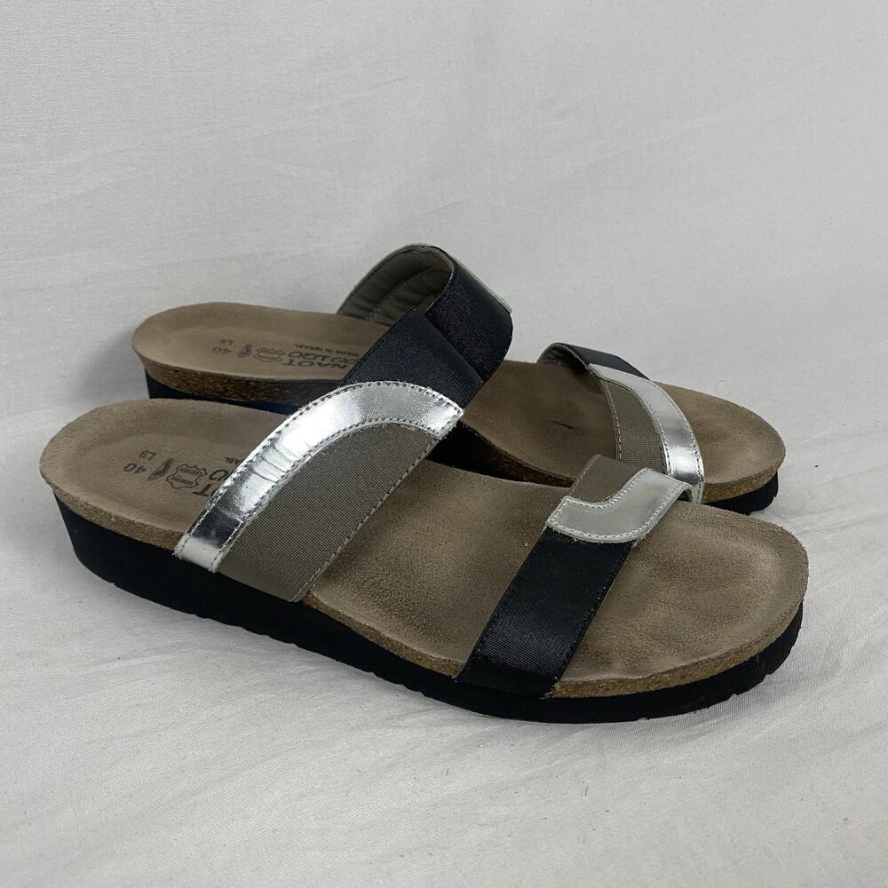 Naot Slide Sandals Womens 9 40 Black Silver Colorblock Leather Comfort Strappy - Picture 2 of 14